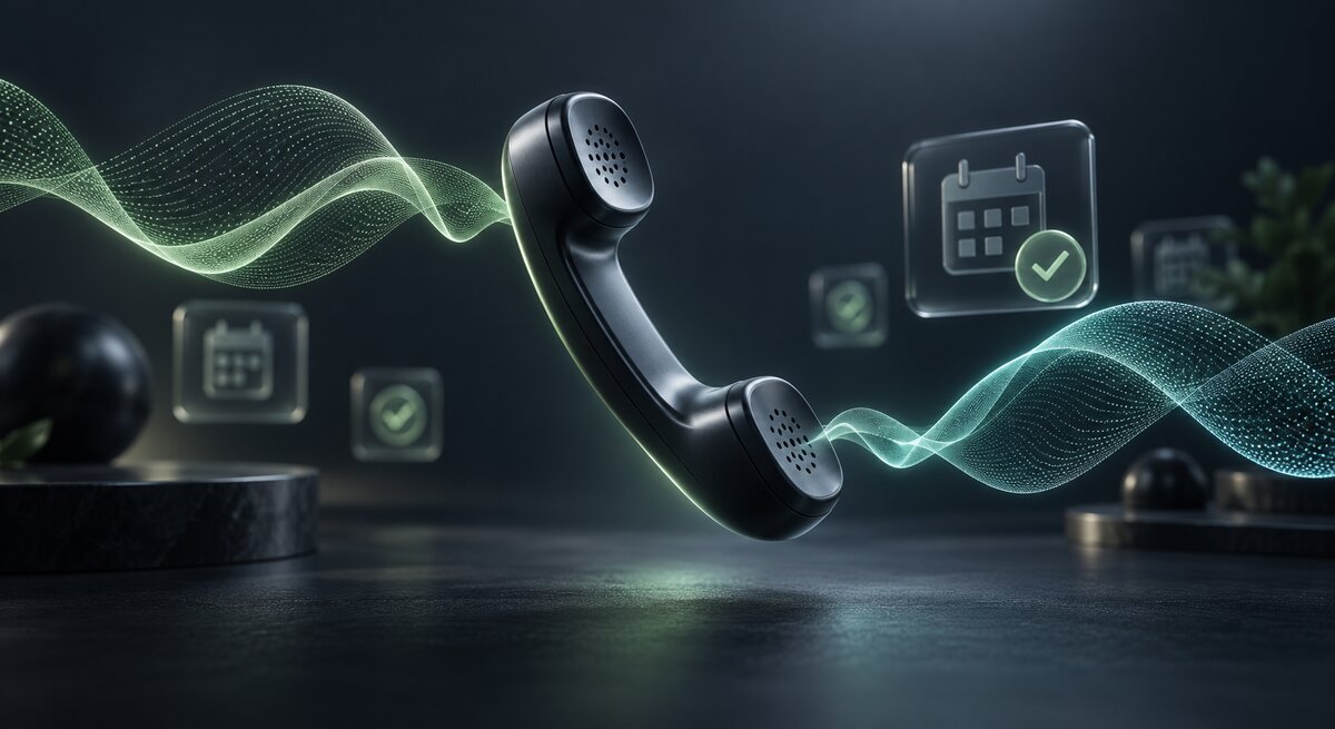 Illustration av AI Caller: en telefonlur med ljudvågor och en bekräftad kalenderbokning